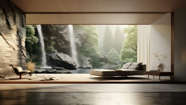 3D rendering of a living room with a waterfall view background. The living room is spacious and has a lot of natural light.