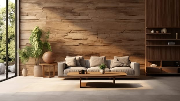 3d rendering of a potted plant on wooden storage cabinet in living room on wooden wall background. The room is clean and tidy, and there is plenty of natural light.