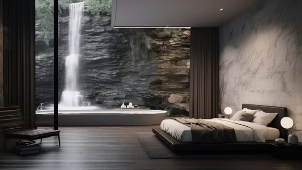 3D rendering of a bedroom and surrounded by rocks with a large window overlooking a natural view. The room is spacious, peaceful, relaxing retreat and and a plenty of natural light.
