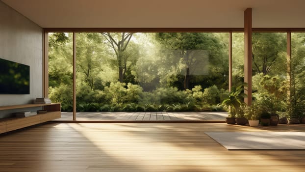 3D rendering of a living room with a large window overlooking a natural view. The room is clean and tidy, and there is plenty of natural light.