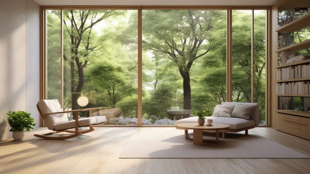 3D rendering of a living room with a large window overlooking a natural view. The room is clean and tidy, and there is plenty of natural light.