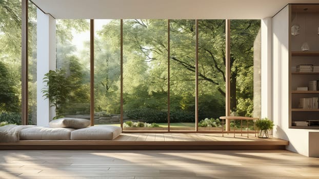 3D rendering of a living room with a large window overlooking a natural view. The room is clean and tidy, and there is plenty of natural light.