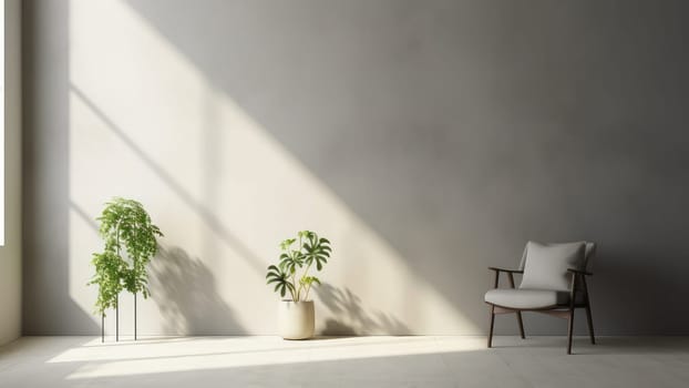 3D rendering of a potted plant and white armchair in living room. The room is decorated in a cozy and hospitality style.