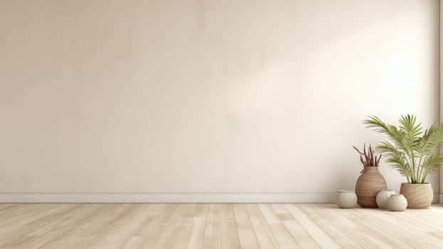 3d rendering of the empty living room with a potted plants on floor and white walls. The sunlight streaming through the windows casts a warm glow on the floor and walls.