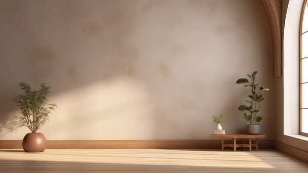 3d rendering of the empty living room with a potted plants on floor and white walls.