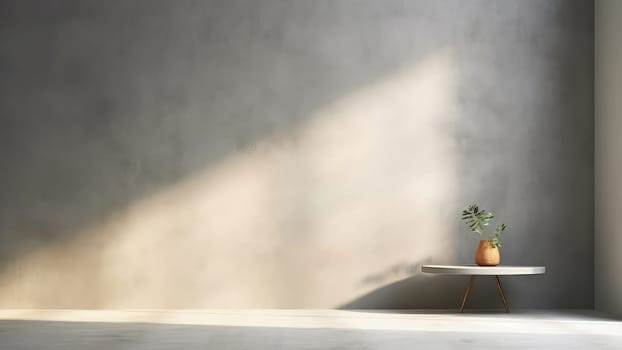 3D interior rendering of a built-in wooden shelving on a concrete wall and potted plant in living room. The room is decorated in a cozy and hospitality style.