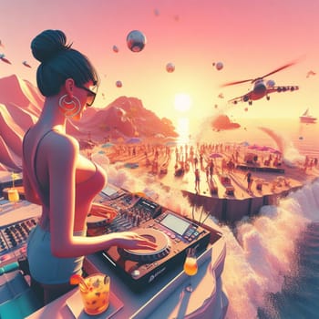 woman dj , wearing glasses earphone hosting dj set at crowded beach party in tropical island sunset ai generative art