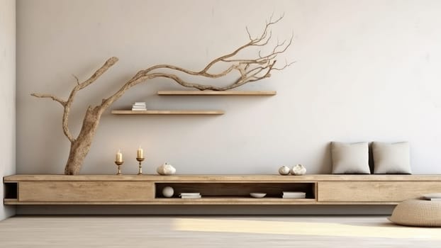 3d rendering of an upholstery sofa in living room with a dried tree branch on wall. The living room is spacious and has a lot of natural light.