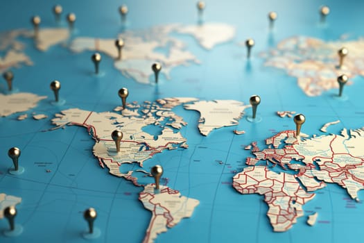 Location marks on the world map. Abstract image of a map with continents and oceans of the world.