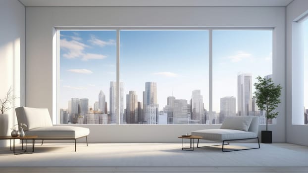 3d rendering of an upholstery sofa in living room with a large window overlooking the cityscape.