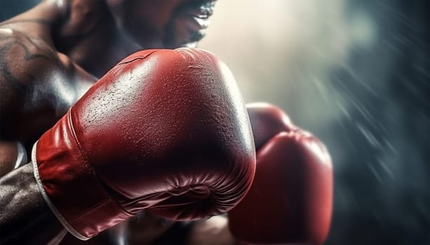 Boxer in action. Young confident african american boxer standing in pose and ready to fight, stadium background, copy space Sports concept Space for text