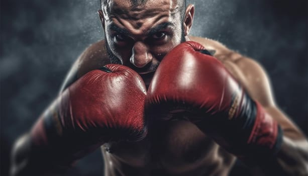 Boxer in action. Young confident african american boxer standing in pose and ready to fight, stadium background, copy space Sports concept Space for text