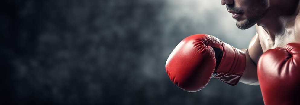 Boxer in action. Young confident african american boxer standing in pose and ready to fight, stadium background, copy space Sports concept Space for text