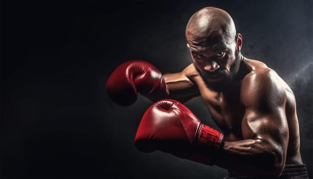 Boxer in action. Young confident african american boxer standing in pose and ready to fight, stadium background, copy space Sports concept Space for text