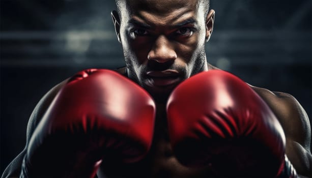 Boxer in action. Young confident african american boxer standing in pose and ready to fight, stadium background, copy space Sports concept Space for text