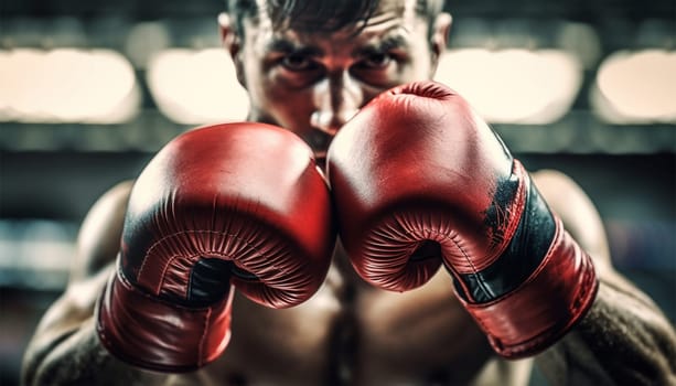Boxer in action. Young confident african american boxer standing in pose and ready to fight, stadium background, copy space Sports concept Space for text