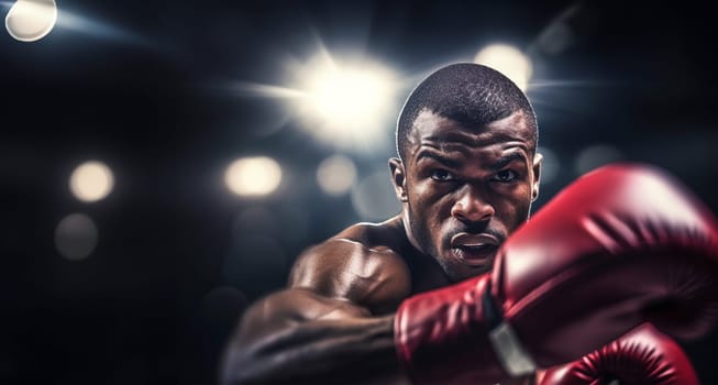 Boxer in action. Young confident african american boxer standing in pose and ready to fight, stadium background, copy space Sports concept Space for text