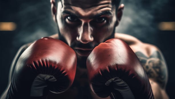 Boxer in action. Young confident african american boxer standing in pose and ready to fight, stadium background, copy space Sports concept Space for text