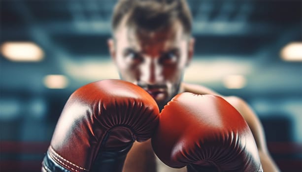 Boxer in action. Young confident african american boxer standing in pose and ready to fight, stadium background, copy space Sports concept Space for text