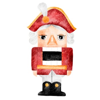 Watercolor drawing of a nutcracker in a red uniform. Isolate on a white background Christmas toy soldier. Winter character from a fairy tale. For posters and holiday cards. High quality photo