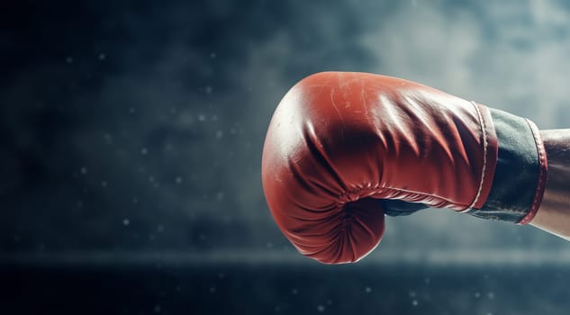 Red boxing gloves in action on dark background with copy space. Sports and leisure. Sports advertising. Confidence and power. Boxer sport concept Space for text