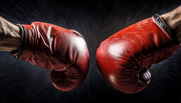 Red boxing gloves in action on dark background with copy space. Sports and leisure. Sports advertising. Confidence and power. Boxer sport concept Space for text