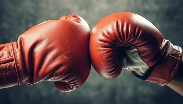 Red boxing gloves in action on dark background with copy space. Sports and leisure. Sports advertising. Confidence and power. Boxer sport concept Space for text