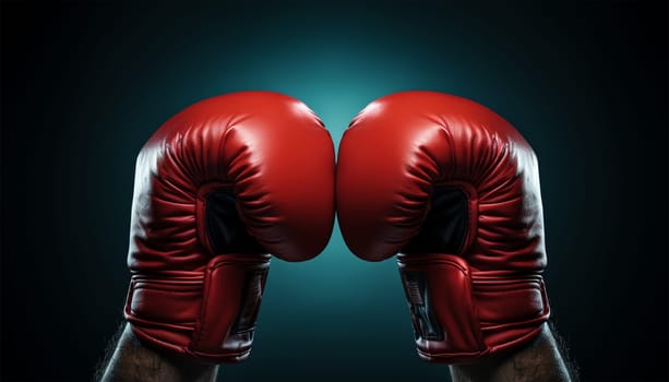Red boxing gloves in action on dark background with copy space. Sports and leisure. Sports advertising. Confidence and power. Boxer sport concept Space for text