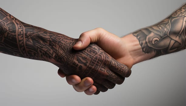 Close up two tattooed man shaking hand on white background. Athletes shaking hands before sports competition. Unity and teamwork concept. Hipster man with tattoo