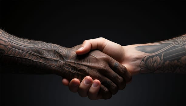 Close up two tattooed man shaking hand on white background. Athletes shaking hands before sports competition. Unity and teamwork concept. Hipster man with tattoo