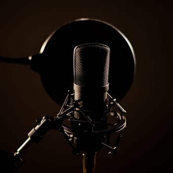 Professional microphone on a dark background.