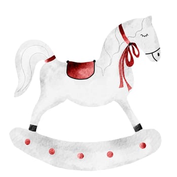 Watercolor drawing white Christmas horse isolate. Cute wooden holiday toy. Cute animal illustration for winter holiday cards and posters