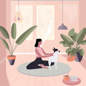 dog woman training wellness sport girl meditation flat asana body gymnastics fitness indoor health zen character yoga home relaxation lifestyle cartoon. Generative AI.