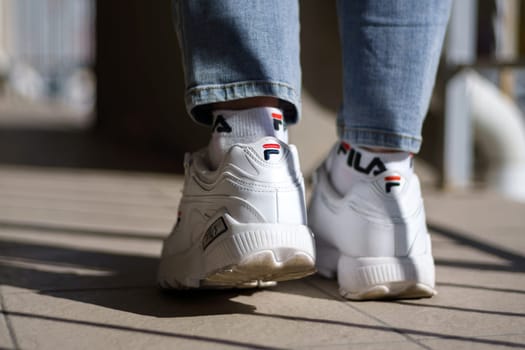 Tyumen, Russia-September 23, 2023: Fila shoe, model disruptor 2 white popular. Fila is one of the world's largest sportswear companies.