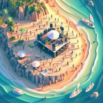 people having fun in the beach, isometric view, sea waves, 3d illustration generative ai art