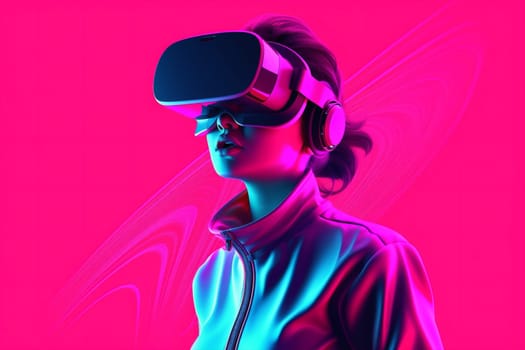 woman innovation virtual vr colorful goggle gadget creative cyber reality smart 3d glasses digital black cyborg character floating sport game neon. Generative AI.