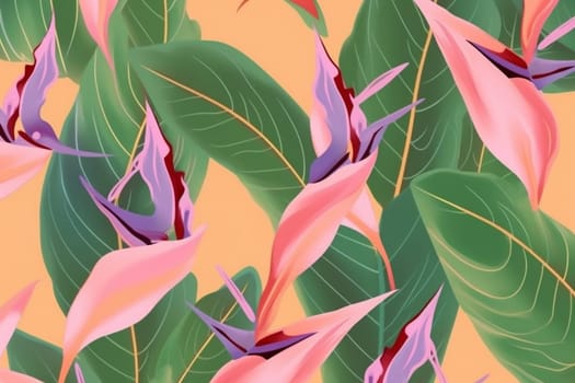 tropical seamless nature orange pink white pattern decoration colorful vintage hawaiian leaf art trendy blossom jungle abstract wallpaper fashion flower. Generative AI.