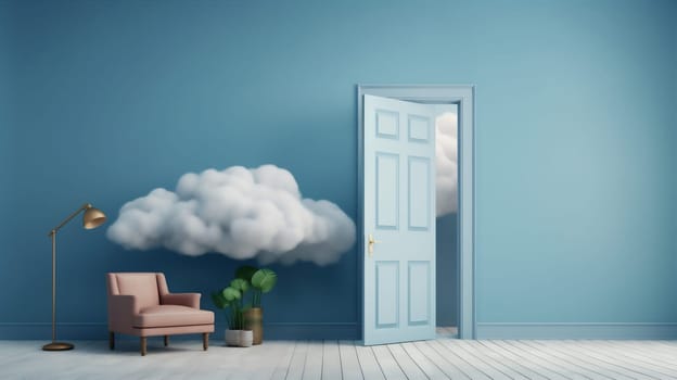 minimal white isolated cylinder door dream mockup concept backdrop pedestal cloud showcase background room yellow modern abstract blue template stage. Generative AI.