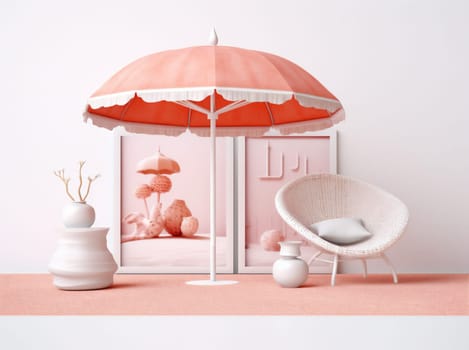 tropical pink retro summer lifestyle resort holiday sand copy sky chair parasol umbrella coast travel space sun relax shore vacation colorful. Generative AI.