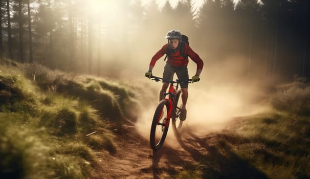 woman walking trail riding hiking leisure ride mountain girl bicycle female sport summer young sunset forest cycling dark cycle bike recreation. Generative AI.