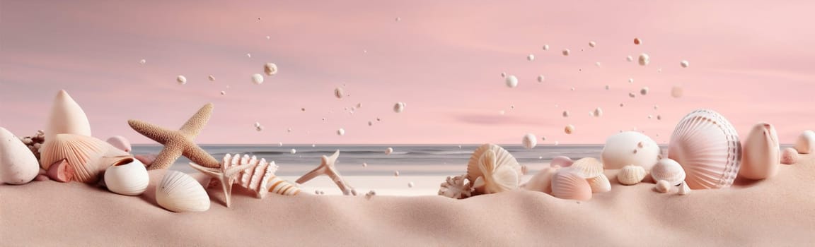 holiday tropical blank travel summer beautiful nature bright texture space beach sand ocean seasonal water copy marin sale sea shell banner. Generative AI.