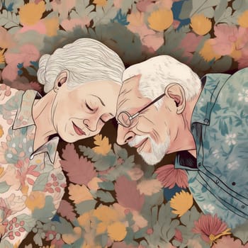 woman man book grandparent bedtime retired mature rest home relax asleep bed old elderly together couple cartoon illustration happiness happy love retirement. Generative AI.