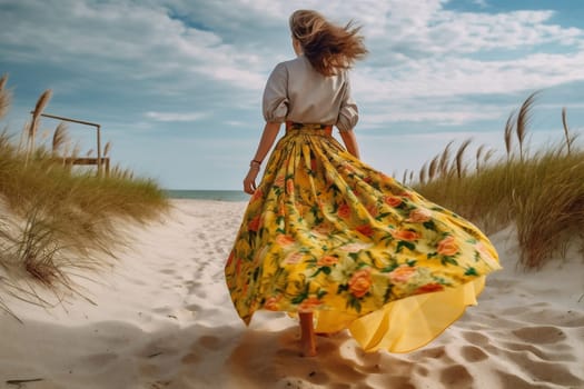 woman sunset outfit beach hippie summer vogue female sand model lifestyle fashion sunlight outdoor sea holiday dress person young beautiful blue. Generative AI.