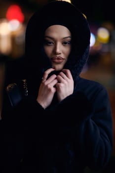 Young Muslim woman walking on urban city street on a cold winter night wearing hijab scarf veil a fashionable coat with bokeh city light in the background.