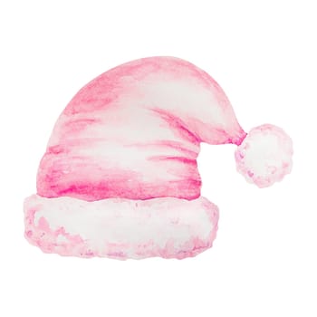 Watercolor Santa Claus pink hat. Christmas accessory. Hand drawn winter illustration, symbol of new year holiday for greeting card, party invitations, posters, greetings, stories, notebooks, stickers.