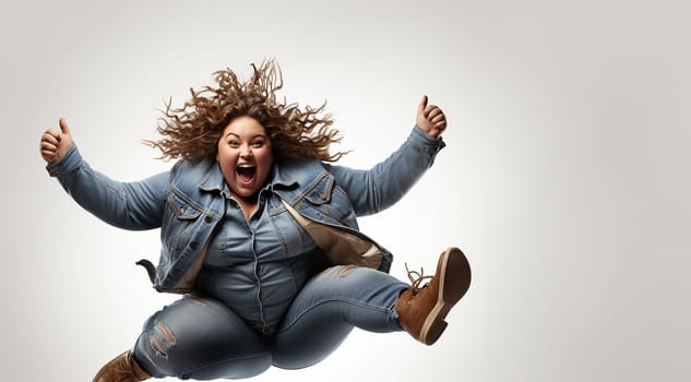 Obese person proud and happy jumping in the air. Full length photo of young fat overweight human jumping and hurrying to the gym to do exercises isolated on studio background. Workout sport, fitness and body positive concept overweight copy space