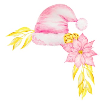 Watercolor Santa Claus pink hat, poinsettia, gold bells and branches. Christmas accessories. Hand drawn winter symbols of new year holiday for greeting cards, invitations, posters, stories, stickers.