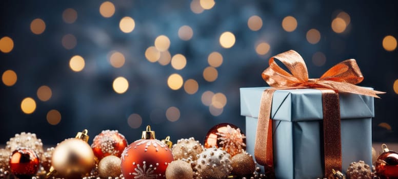 Christmas and New Year background - gift boxes and toys on a background of bokeh garlands.