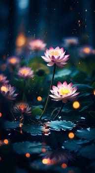 Magical pink water lily by night, lotus flower Orange Sunset in the garden pond. Close-up of Nymphaea reflected in water. Flower landscape for nature wallpaper. Vertical background copy space. Sparkling bokeh lights. Lotus flower magic beauty