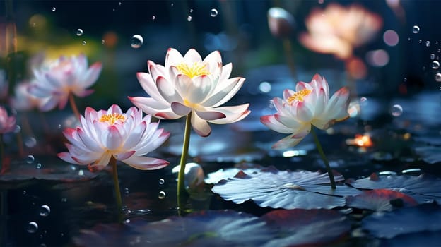 Magical pink water lily by night, lotus flower Orange Sunset in the garden pond. Close-up of Nymphaea reflected in water. Flower landscape for nature wallpaper. background copy space. Sparkling bokeh lights. Lotus flower magic beauty